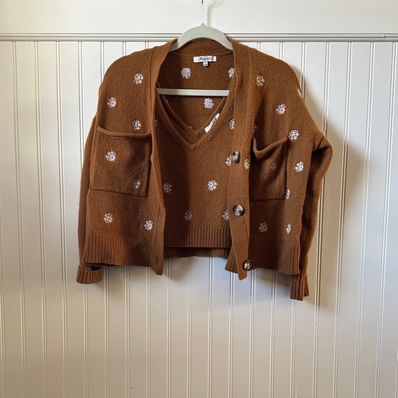Madewell Sweaters - Madewell Brown Cardigan with White Floral Pattern